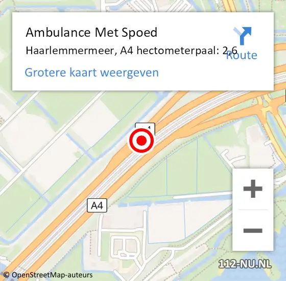 Locatie op kaart van de 112 melding: Ambulance Met Spoed Naar Haarlemmermeer, A4 hectometerpaal: 2,6 op 11 juni 2024 07:00