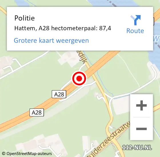 Locatie op kaart van de 112 melding: Politie Hattem, A28 hectometerpaal: 87,4 op 11 juni 2024 07:28