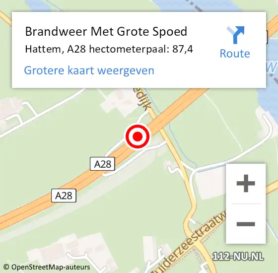 Locatie op kaart van de 112 melding: Brandweer Met Grote Spoed Naar Hattem, A28 hectometerpaal: 87,4 op 11 juni 2024 07:29