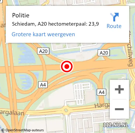 Locatie op kaart van de 112 melding: Politie Schiedam, A20 hectometerpaal: 23,9 op 11 juni 2024 07:36