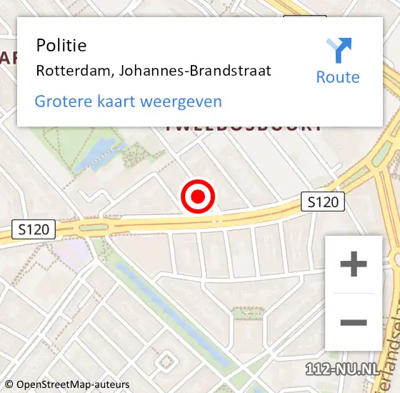 Locatie op kaart van de 112 melding: Politie Rotterdam, Johannes-Brandstraat op 11 juni 2024 08:29