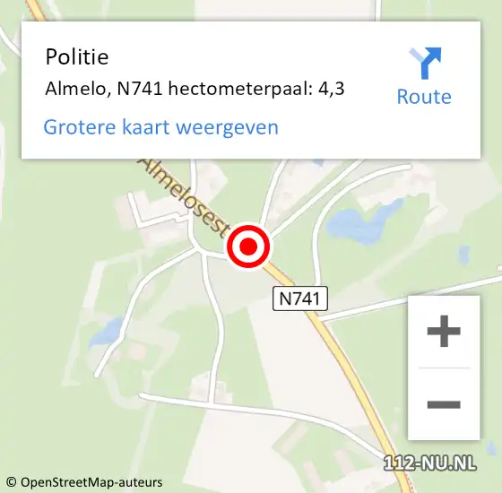 Locatie op kaart van de 112 melding: Politie Almelo, N741 hectometerpaal: 4,3 op 11 juni 2024 08:45