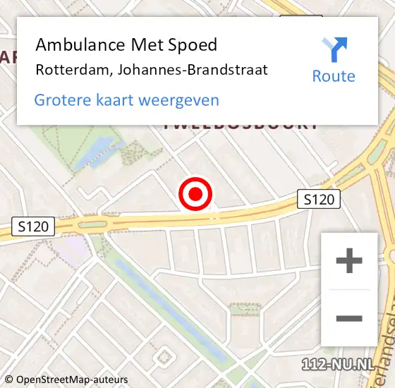 Locatie op kaart van de 112 melding: Ambulance Met Spoed Naar Rotterdam, Johannes-Brandstraat op 11 juni 2024 12:26