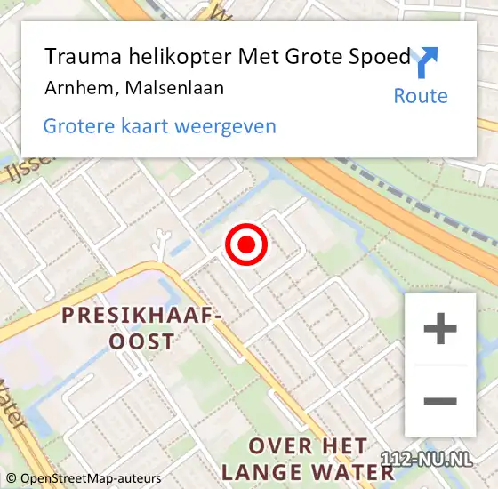 Locatie op kaart van de 112 melding: Trauma helikopter Met Grote Spoed Naar Arnhem, Malsenlaan op 11 juni 2024 13:56