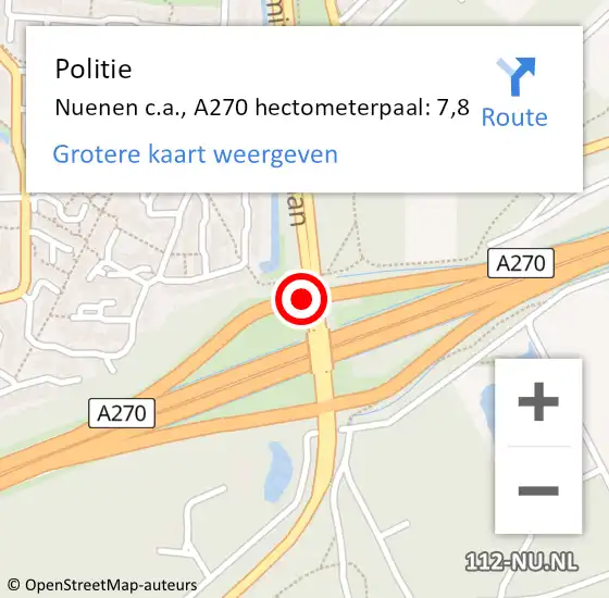 Locatie op kaart van de 112 melding: Politie Nuenen c.a., A270 hectometerpaal: 7,8 op 11 juni 2024 15:36
