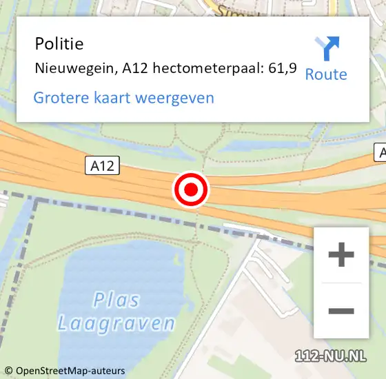 Locatie op kaart van de 112 melding: Politie Nieuwegein, A12 hectometerpaal: 61,9 op 11 juni 2024 16:22