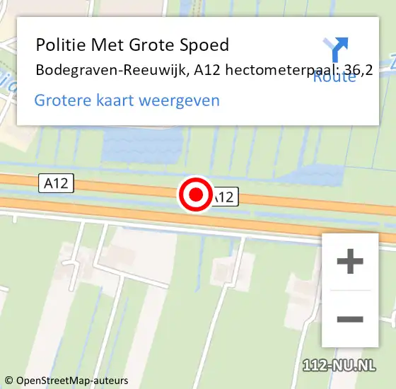 Locatie op kaart van de 112 melding: Politie Met Grote Spoed Naar Bodegraven-Reeuwijk, A12 hectometerpaal: 36,2 op 11 juni 2024 17:35