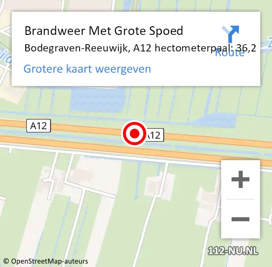 Locatie op kaart van de 112 melding: Brandweer Met Grote Spoed Naar Bodegraven-Reeuwijk, A12 hectometerpaal: 36,2 op 11 juni 2024 17:36