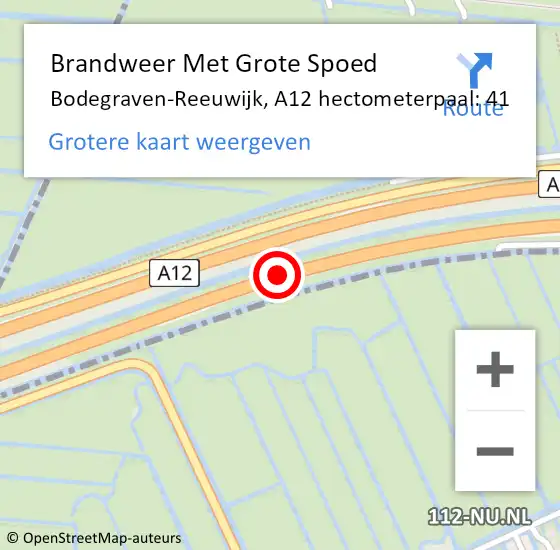 Locatie op kaart van de 112 melding: Brandweer Met Grote Spoed Naar Bodegraven-Reeuwijk, A12 hectometerpaal: 41 op 11 juni 2024 17:41