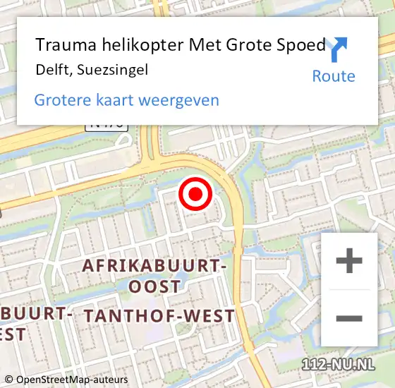 Locatie op kaart van de 112 melding: Trauma helikopter Met Grote Spoed Naar Delft, Suezsingel op 11 juni 2024 20:29