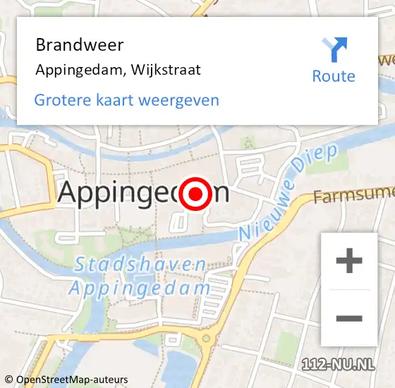 Locatie op kaart van de 112 melding: Brandweer Appingedam, Wijkstraat op 11 juni 2024 22:12