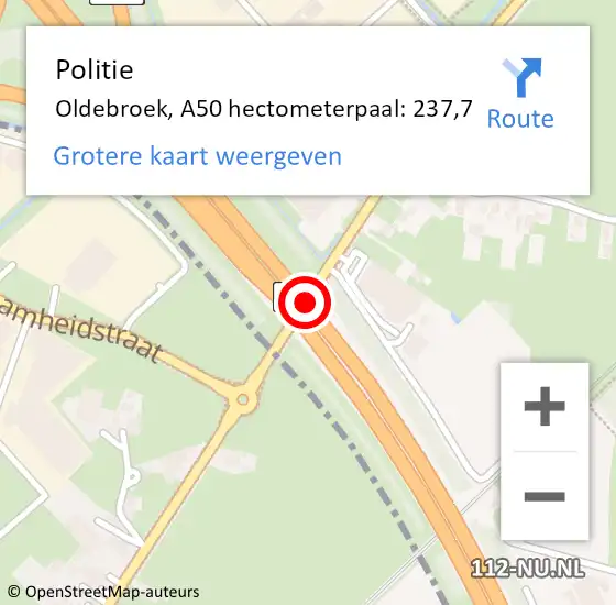 Locatie op kaart van de 112 melding: Politie Oldebroek, A50 hectometerpaal: 237,7 op 11 juni 2024 22:42