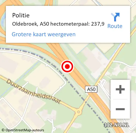 Locatie op kaart van de 112 melding: Politie Oldebroek, A50 hectometerpaal: 237,9 op 11 juni 2024 22:43