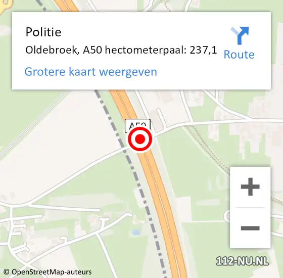 Locatie op kaart van de 112 melding: Politie Oldebroek, A50 hectometerpaal: 237,1 op 11 juni 2024 22:44