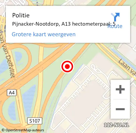 Locatie op kaart van de 112 melding: Politie Pijnacker-Nootdorp, A13 hectometerpaal: 5 op 11 juni 2024 23:01