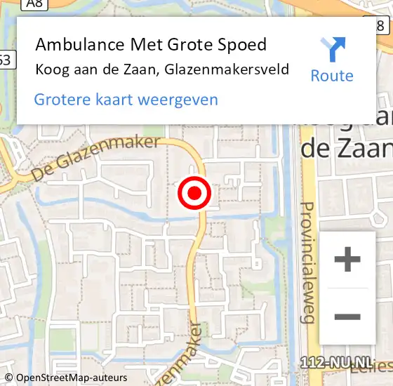 Locatie op kaart van de 112 melding: Ambulance Met Grote Spoed Naar Koog aan de Zaan, Glazenmakersveld op 11 juni 2024 23:11