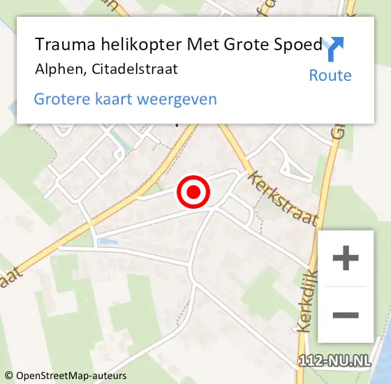 Locatie op kaart van de 112 melding: Trauma helikopter Met Grote Spoed Naar Alphen, Citadelstraat op 12 juni 2024 00:09