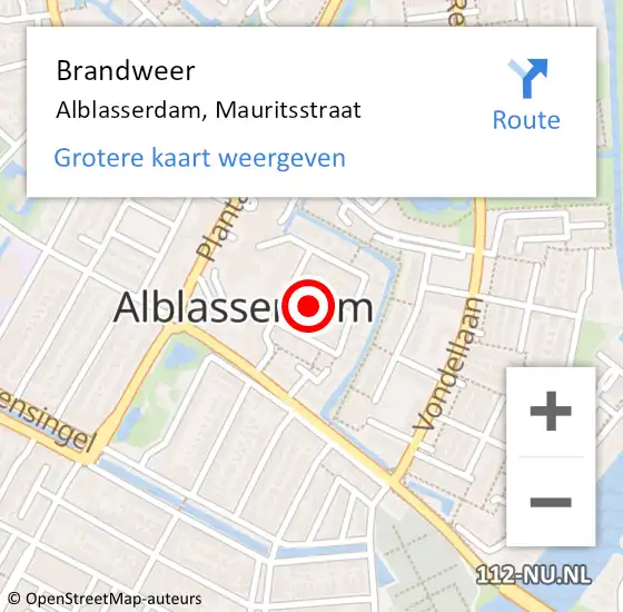 Locatie op kaart van de 112 melding: Brandweer Alblasserdam, Mauritsstraat op 12 juni 2024 00:51