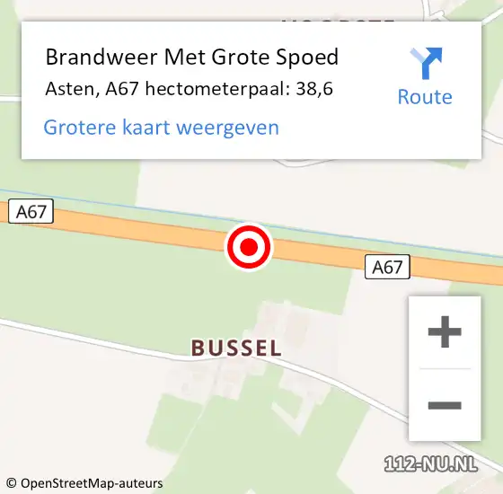 Locatie op kaart van de 112 melding: Brandweer Met Grote Spoed Naar Asten, A67 hectometerpaal: 38,6 op 12 juni 2024 00:55