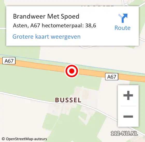 Locatie op kaart van de 112 melding: Brandweer Met Spoed Naar Asten, A67 hectometerpaal: 38,6 op 12 juni 2024 03:41