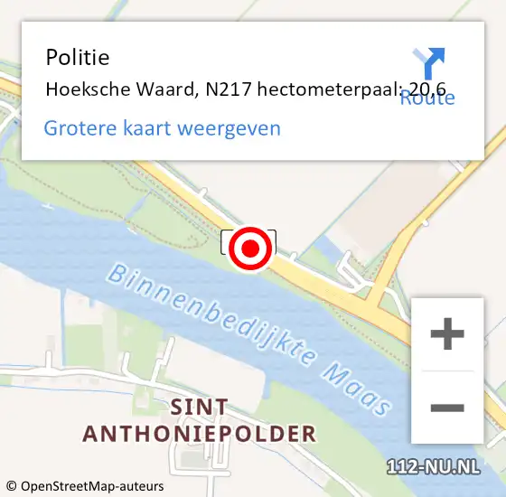 Locatie op kaart van de 112 melding: Politie Hoeksche Waard, N217 hectometerpaal: 20,6 op 12 juni 2024 05:43