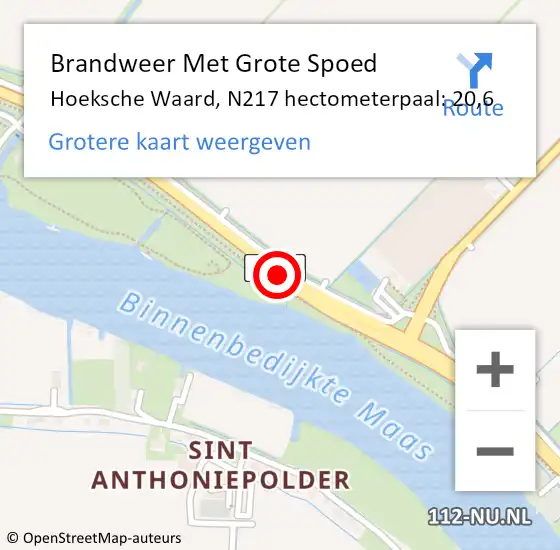 Locatie op kaart van de 112 melding: Brandweer Met Grote Spoed Naar Hoeksche Waard, N217 hectometerpaal: 20,6 op 12 juni 2024 05:45