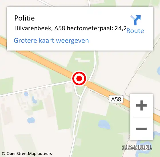 Locatie op kaart van de 112 melding: Politie Hilvarenbeek, A58 hectometerpaal: 24,2 op 12 juni 2024 07:21