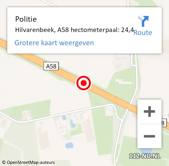 Locatie op kaart van de 112 melding: Politie Hilvarenbeek, A58 hectometerpaal: 24,4 op 12 juni 2024 07:25