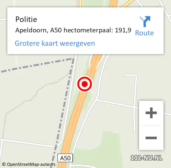 Locatie op kaart van de 112 melding: Politie Apeldoorn, A50 hectometerpaal: 191,9 op 12 juni 2024 07:28