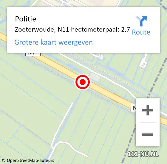 Locatie op kaart van de 112 melding: Politie Zoeterwoude, N11 hectometerpaal: 2,7 op 12 juni 2024 08:30