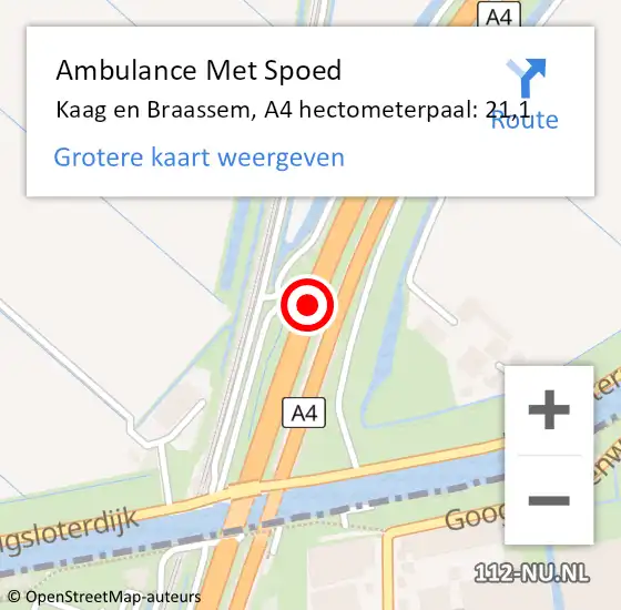 Locatie op kaart van de 112 melding: Ambulance Met Spoed Naar Kaag en Braassem, A4 hectometerpaal: 21,1 op 12 juni 2024 09:41