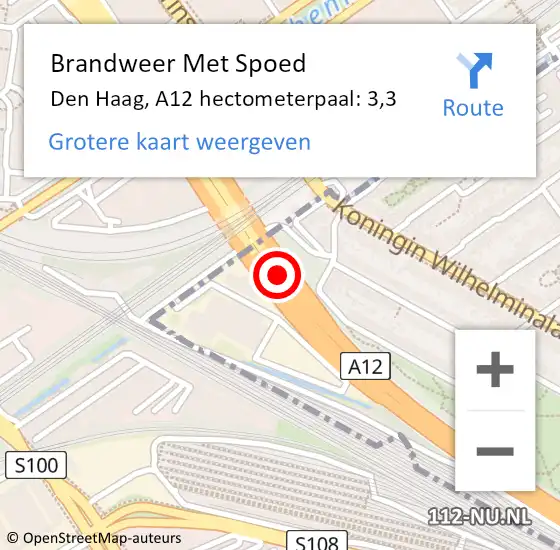 Locatie op kaart van de 112 melding: Brandweer Met Spoed Naar Den Haag, A12 hectometerpaal: 3,3 op 12 juni 2024 09:51
