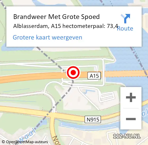 Locatie op kaart van de 112 melding: Brandweer Met Grote Spoed Naar Alblasserdam, A15 hectometerpaal: 73,4 op 12 juni 2024 10:04