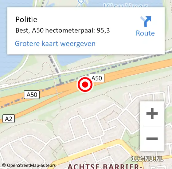 Locatie op kaart van de 112 melding: Politie Best, A50 hectometerpaal: 95,3 op 12 juni 2024 10:09