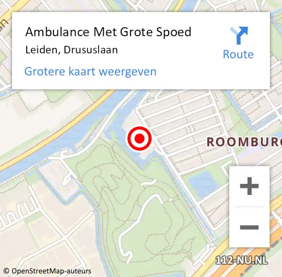 Locatie op kaart van de 112 melding: Ambulance Met Grote Spoed Naar Leiden, Drususlaan op 12 juni 2024 10:27