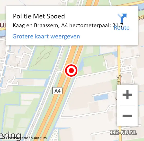 Locatie op kaart van de 112 melding: Politie Met Spoed Naar Kaag en Braassem, A4 hectometerpaal: 21,7 op 12 juni 2024 10:30