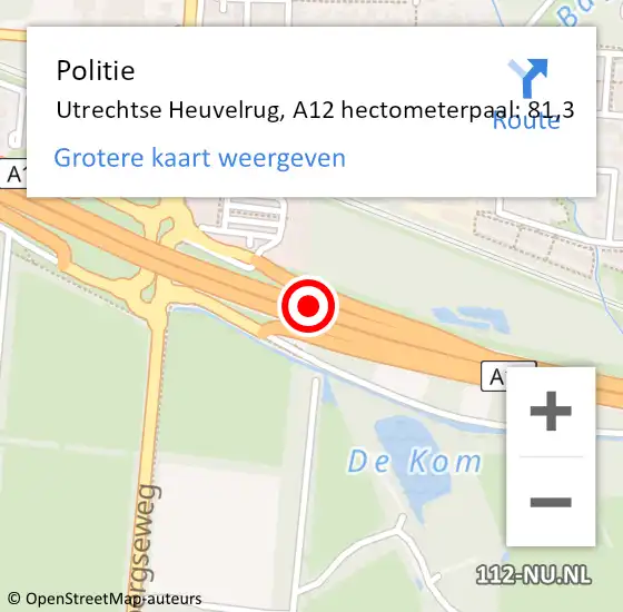 Locatie op kaart van de 112 melding: Politie Utrechtse Heuvelrug, A12 hectometerpaal: 81,3 op 12 juni 2024 13:54