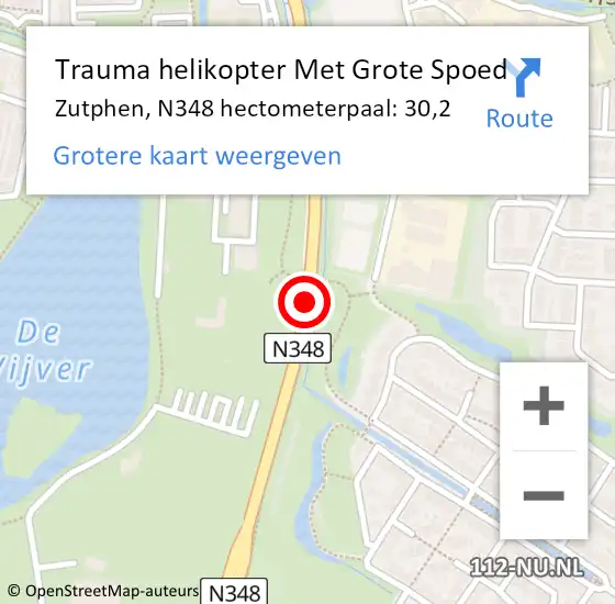 Locatie op kaart van de 112 melding: Trauma helikopter Met Grote Spoed Naar Zutphen, N348 hectometerpaal: 30,2 op 12 juni 2024 13:58