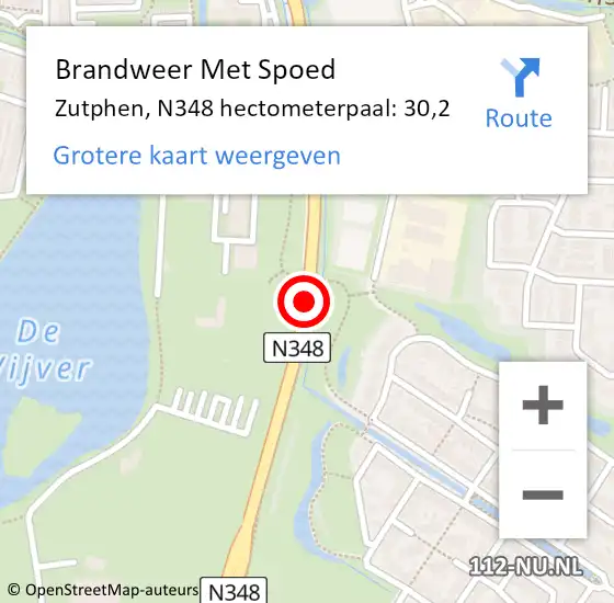 Locatie op kaart van de 112 melding: Brandweer Met Spoed Naar Zutphen, N348 hectometerpaal: 30,2 op 12 juni 2024 14:02