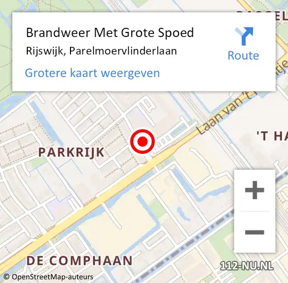 Locatie op kaart van de 112 melding: Brandweer Met Grote Spoed Naar Rijswijk, Parelmoervlinderlaan op 12 juni 2024 15:15