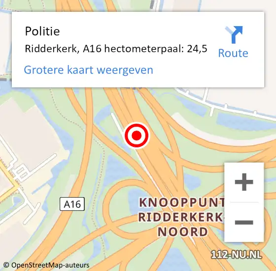 Locatie op kaart van de 112 melding: Politie Ridderkerk, A16 hectometerpaal: 24,5 op 12 juni 2024 16:44