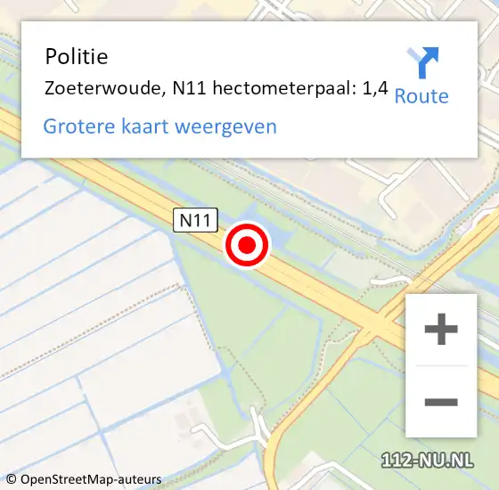 Locatie op kaart van de 112 melding: Politie Zoeterwoude, N11 hectometerpaal: 1,4 op 12 juni 2024 16:50