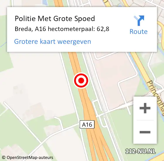 Locatie op kaart van de 112 melding: Politie Met Grote Spoed Naar Breda, A16 hectometerpaal: 62,8 op 12 juni 2024 17:11