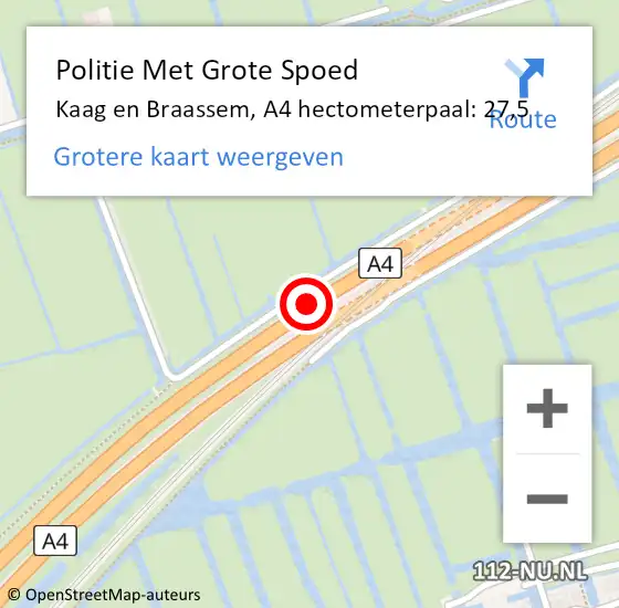 Locatie op kaart van de 112 melding: Politie Met Grote Spoed Naar Kaag en Braassem, A4 hectometerpaal: 27,5 op 12 juni 2024 17:15
