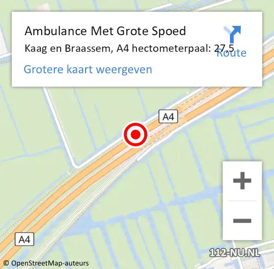 Locatie op kaart van de 112 melding: Ambulance Met Grote Spoed Naar Kaag en Braassem, A4 hectometerpaal: 27,5 op 12 juni 2024 17:16