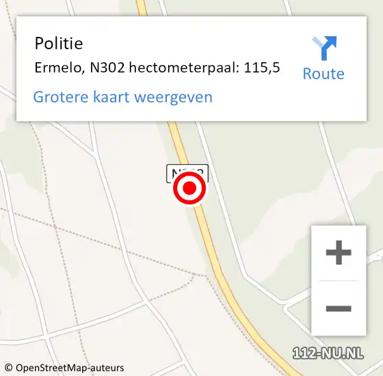 Locatie op kaart van de 112 melding: Politie Ermelo, N302 hectometerpaal: 115,5 op 12 juni 2024 17:22