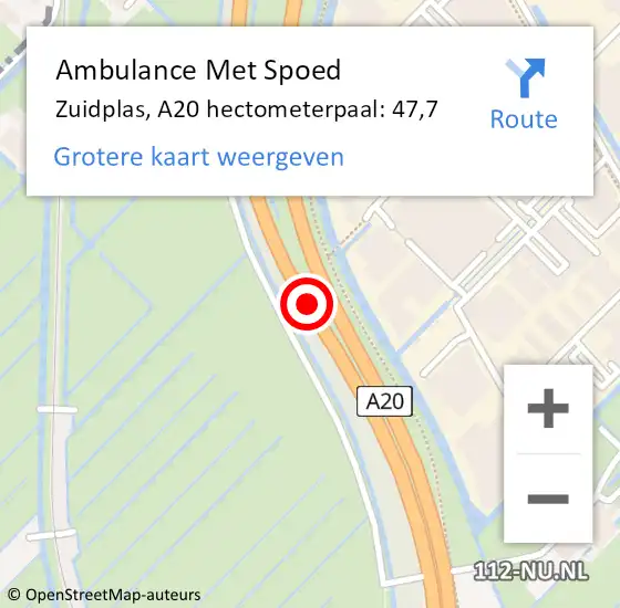 Locatie op kaart van de 112 melding: Ambulance Met Spoed Naar Zuidplas, A20 hectometerpaal: 47,7 op 12 juni 2024 17:24