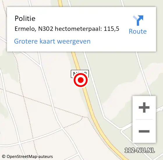 Locatie op kaart van de 112 melding: Politie Ermelo, N302 hectometerpaal: 115,5 op 12 juni 2024 17:27