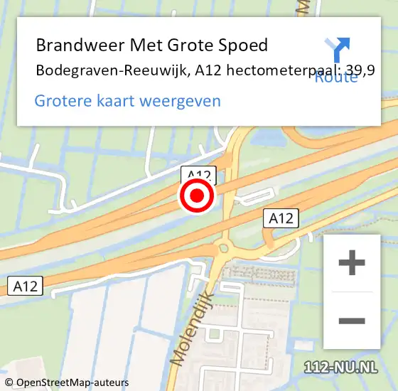 Locatie op kaart van de 112 melding: Brandweer Met Grote Spoed Naar Bodegraven-Reeuwijk, A12 hectometerpaal: 39,9 op 12 juni 2024 18:00