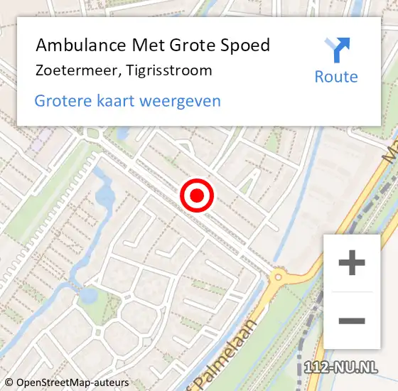 Locatie op kaart van de 112 melding: Ambulance Met Grote Spoed Naar Zoetermeer, Tigrisstroom op 12 juni 2024 19:22